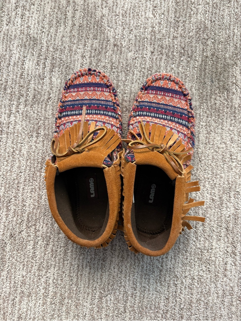 Lamo Multicolor Woven Moccasins with Tan Fringe